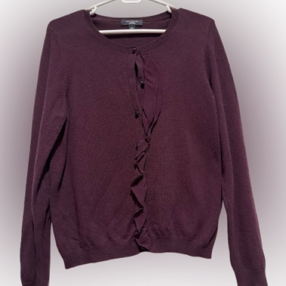 Ann Taylor Deep Purple Cardigan Sweater with chiffon ruffle L